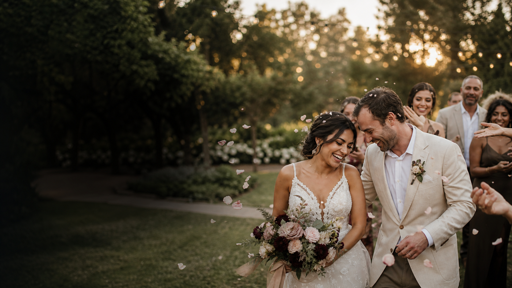 Newlyweds laughing together as loved ones celebrate around them