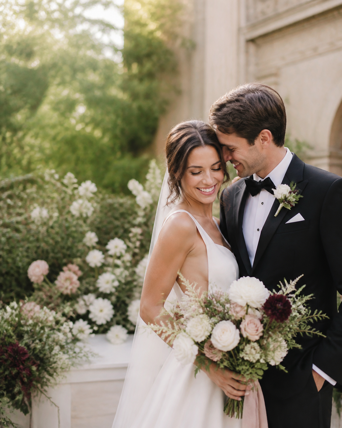 Newlyweds sharing a joyful moment after their garden ceremony